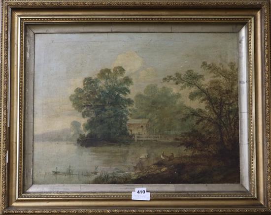 English School c.1900, oil on canvas, ducks beside a lake, 44 x 59cm